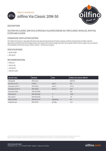 Oilfino Via Classic 20W 50