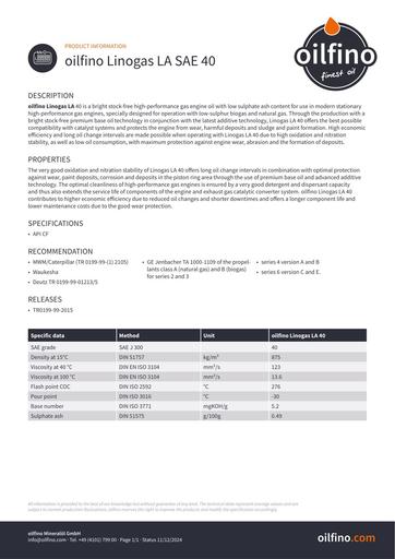 Oilfino Linogas LA SAE 40