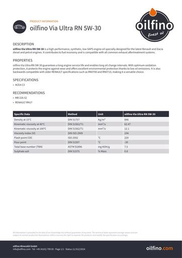 TDB oilfino Via Ultra RN 5W 30 EN1